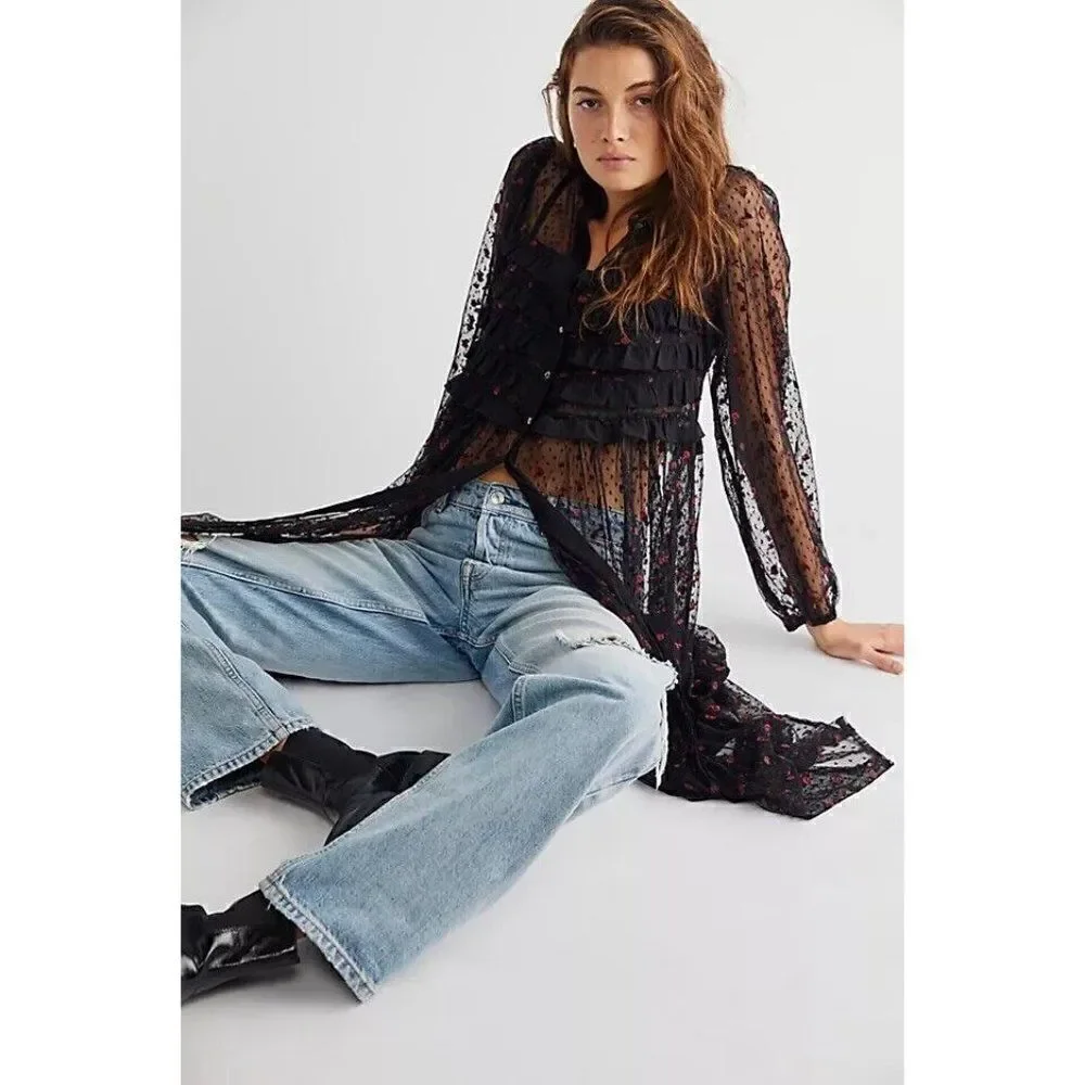 NEW FREE PEOPLE ROSE MAXI TOP EMBROIDERED MESH LACE SHIRT DRESS TUNIC BLACK
